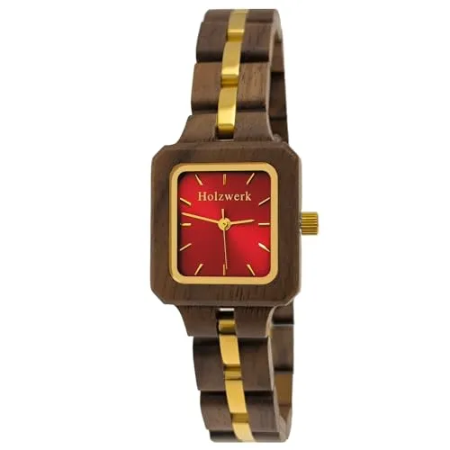 Holzwerk Germany Handgefertigte Designer Damen-Uhr Öko Natur Holz-Uhr Braun Grün Gold Holz Armband-Uhr Analog Eckig Klassisch Quarz-Uhr