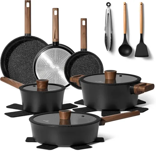 Just Perfecto JL-111: 15-teiliges Kochgeschirr-Set in Schwarz - Das Just Perfecto JL-111 Set vereint elegante Optik und effizientes Kochen. Mit 5-lagiger Wärmeleittechnologie und kratzfester Granitbeschichtung ist es ideal für alle Herdarten und sorgt für müheloses Kochen und Reinigen.