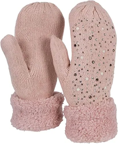 styleBREAKER Damen warme Winter Strick Fäustlinge mit Strass und Perlen, Handschuhe, Thermo Fleece, Strickhandschuhe 09010039, Farbe:Altrose