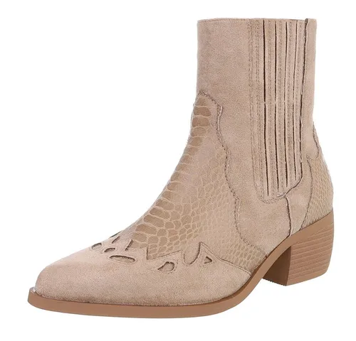Ital-Design Elegante Cut-Out-Stiefelette für Damen in Beige - Modische Cut-Out-Stiefelette mit Blockabsatz für Damen, ideal für jeden Anlass. Die Kombination aus elegantem Design und bequemer Innensohle sorgt für Stil und Komfort in der Übergangszeit.