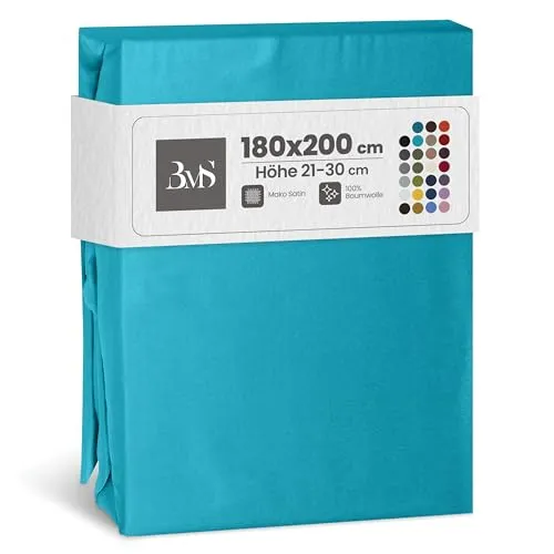 Bettwaesche-mit-Stil Mako Satin Spannbettlaken Spannlaken Spannbetttuch (180 cm x 200 cm, Matratzenhhöhe 21-30cm, Türkis)