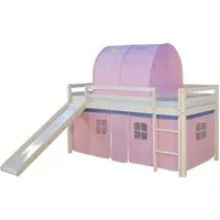 Homestyle4u Hochbett 90x200 mit Rutsche und Rosa Vorhang - Kinderspielbett mit Rutsche, abgerundeten Kanten und Rausfallschutz – perfekt für fantasievolle Abenteuer und sicheren Schlaf im Kinderzimmer.