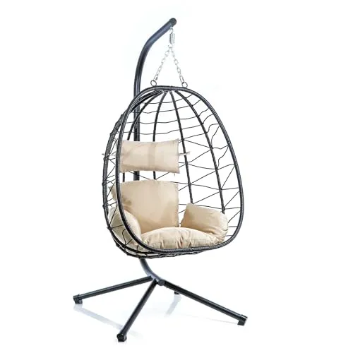 Wiltec Hängesessel - Robuster Rattan Hängestuhl mit Gestell und Sitzkissen - Hängesessel für Indoor & Outdoor, wetterfestes Design aus hochwertigem Polyethylenrattan, inklusive gemütlicher Sitzkissen für entspanntes Sitzen.
