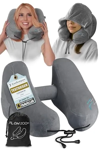 FLOWZOOM Nackenhörnchen AIR - Aufblasbares Nackenkissen für Reisen - Nackenhörnchen für Erwachsene, ergonomisch geformt mit waschbarem Bezug, ideal für entspannte Reisen im Flugzeug, Zug oder Auto.