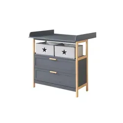 roba Wickelkommode Berlin mit abnehmbarem Wickelaufsatz - Wickeltisch in modernem anthrazit mit zwei Schubladen und Stoffboxen, ergonomische Höhe von 92 cm, später als Wohnkommode nutzbar, aus nachhaltigem Bambus gefertigt.