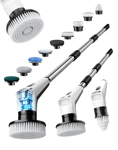 Fofile Elektrische Reinigungsbürste mit 9 Wechselbürsten, IPX8 Wasserdicht, 3 Geschwindigkeiten, 3000 mAh Akku, LED Light, Teleskopgriff, 360° Elektrische Bürste zum Putzen für Bad,Küche,Fliesen,Auto