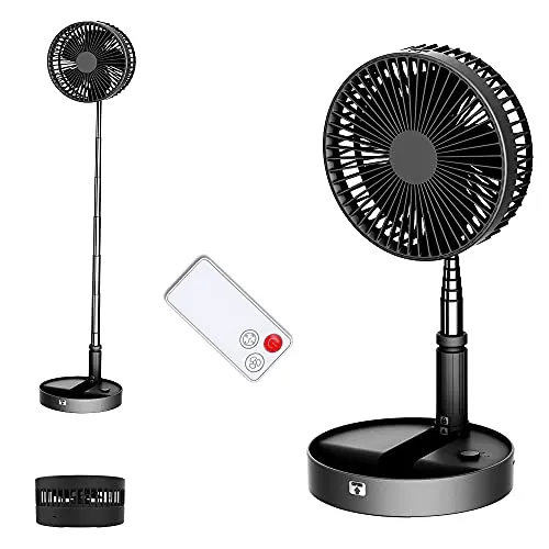 UNITEDTIME Tragbarer Ventilator Faltbares Wiederaufladbares [Fernbedienung] Batteriebetriebene Foldaway Stehender Pedestallventilator, 4 Geschwindigkeit, Timer für Campingreisen, Schlafzimmer(schwarz)
