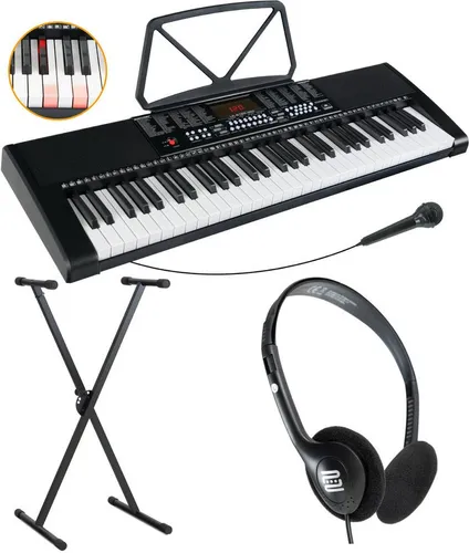 McGrey Home-Keyboard LK-6120-MIC - Einsteiger-Keyboard mit 61 Leuchttasten (Spar-Set, 3-St., Inkl. Mikrofon, Ständer und Notenhalter), 255 Sounds und Rhythmen - 50 Demo Songs mit Lernfunktionen