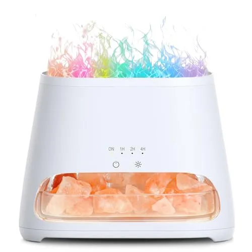 SALKING Aroma Diffuser mit Salt Range Pakistan Leuchte, 7 Farben LED Flammeneffekt Diffusor für ätherische Öle, Ultraschall Aromatherapie Luftbefeuchter, Automatisch Abschalten,150ml(RGB Weiß)