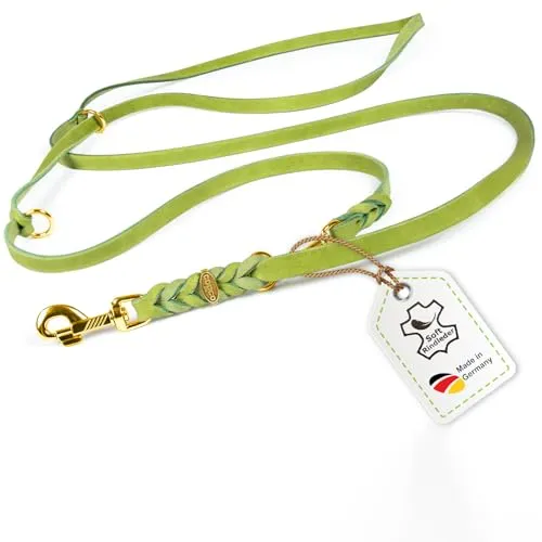 Hundeleine Leder 2,80m kleine Hunde leicht Fettlederleine [3-Fach Verstellbar] Lederleine geflochten – robuste Leine Hund mit Messingbeschlägen, Führleine Hund & Freihandleine zum Umhängen, Grün 8mm