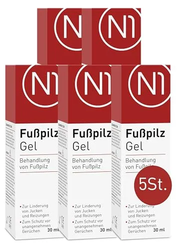 N1 Fußpilz Gel 5x30ml - Effektive Creme zur Fußpflege - Die N1 Fußpilz Creme bietet eine gezielte Pflege für beanspruchte Füße. Ihre spezielle Formel schützt die Haut und sorgt für ein angenehmes Gefühl. Ideal für die tägliche Anwendung zur Unterstützung der Fußpflege.