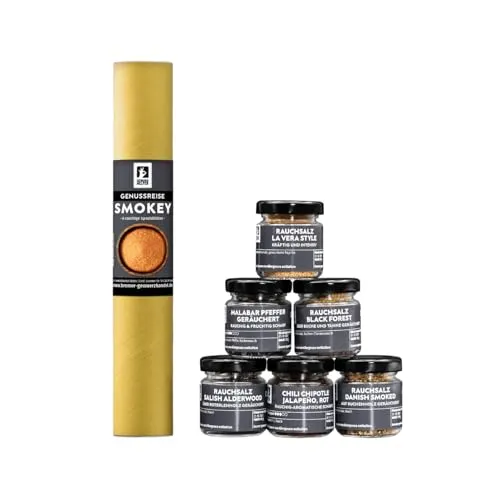 Bremer Gewürzhandel Genussreise Smokey, Gewürzset mit 6 verschiedenen geräucherten Gewürzen, verschiedene Rauchsalze, pikante Jalapeno, in wiederverwendbaren Gläsern, tolles Geschenk, 225g