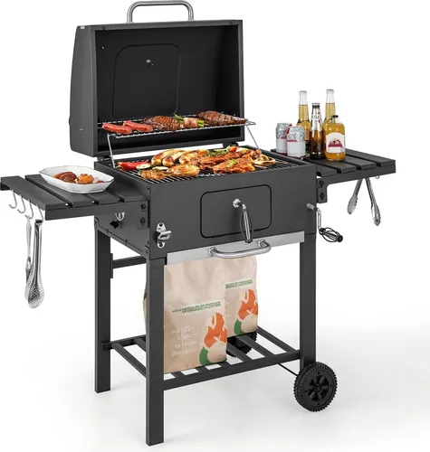 COSTWAY Holzkohlegrill mit Deckel – Großer Grillwagen für Garten und Camping