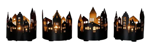 Levandeo® Teelichthalter, 4er Set Teelichthalter Schwarz Metall Haus Windlicht Tischdeko
