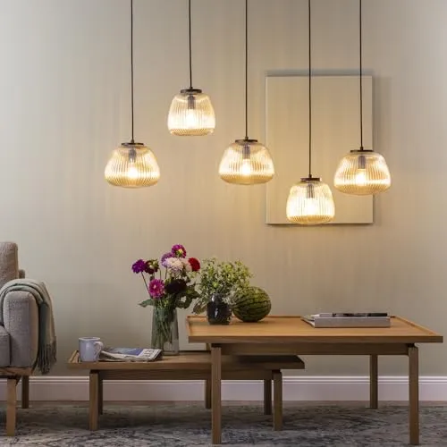 Lightbox Retro Hängelampe | 150 x 125 x 48 cm | kürzbare Pendelleuchte mit bernsteinfarbenen Riffelglas Lampen-Schirmen | 5 x E27 | aus Metall/geriffeltem Glas | in Amber-Bernstein/Matt Schwarz