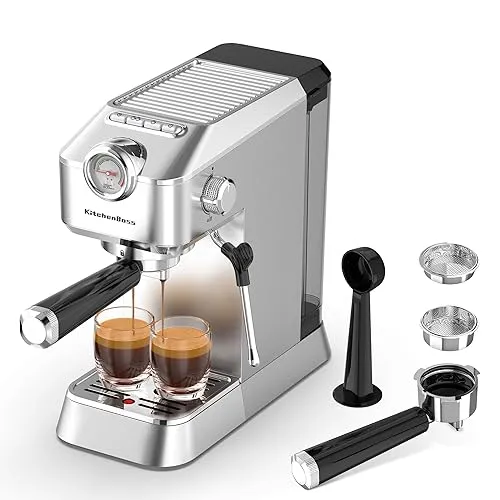 KitchenBoss Professionelle Siebträgermaschine Espressomaschine Siebträger: Espresso mit Milchaufschäumer, Kaffeemaschine 15 Bar, mit 1.2L Wassertank