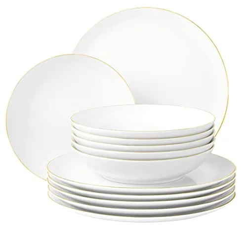 Seltmann Weiden Tafelservice 12-tlg. LIBERTY GOLDRAND - Elegantes 12-teiliges Geschirrset mit hauchdünnem Goldrand, spülmaschinengeeignet und ideal für festliche Anlässe oder den Alltag. Made in Germany.