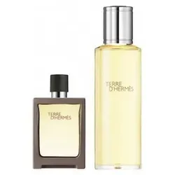 HERMÈS Terre d'Hermès Eau de Toilette Travel + Refill Set - Duft-Set mit 30 ml Reisezerstäuber und 125 ml Nachfüllflakon. Erleben Sie die kraftvolle Kombination aus Zitrusfrüchten, Pfeffer und Feuerstein für einen harmonischen Duft, der den Mann mit seiner Natur verbindet.