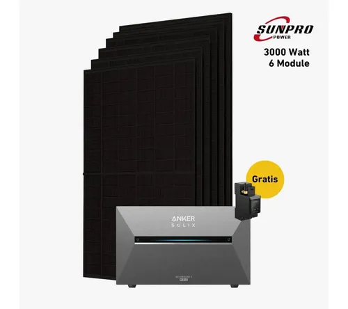 Balkonstrom Balkonkraftwerk 3000W mit Anker 3 Pro Speicher - Balkonkraftwerk mit 3000 W und bifazialen Solarmodulen im Full-Black-Design. Inklusive Anker SOLIX Solarbank 3 E2700 Pro für intelligente Energiesteuerung und 2,7 kWh Speicherkapazität.
