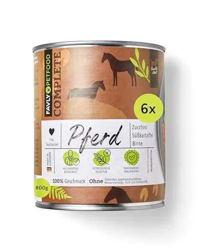 FAVLY – Nassfutter für Hunde Pferd 6 x 800g – mit Zucchini, Süßkartoffel & Birne – getreidefrei & Monoprotein – hoher Fleischanteil in Lebensmittelqualität – für Allergiker & Sensible Hunde