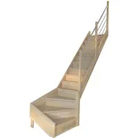 StarWood Treppe Korfu Fichte 1/4 gewendelt rechts mit Geländer - Hochwertige 1/4 gewendelte Treppe aus unbehandeltem Fichtenholz, ideal für den Innenbereich. Mit stabilen Setzstufen und einem eleganten Holz-Edelstahl-Geländer für eine stilvolle und sichere Nutzung.