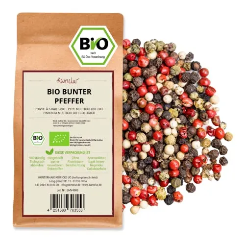Kamelur 200g BIO Pfefferkörner bunt – BIO Bunter Pfeffer ganz für die Mühle – schwarzer, grüner, weißer und rosa Pfeffer als bunter Pfeffer Mix