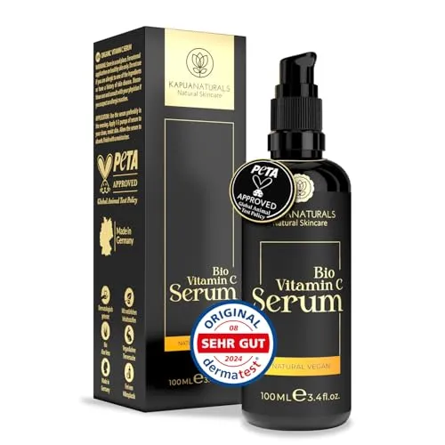 BIO Vitamin C Serum 100ml – Hochdosiertes 6-Fach Vitamin C für reine Haut - Tagespflege mit 100% veganen Inhaltsstoffen. Enthält hochdosiertes Vitamin C, Hyaluronsäure und Vitamin E für strahlende, jugendliche Haut – Made in Germany.