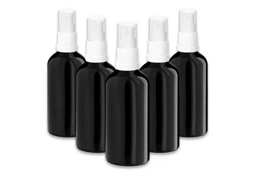 CK Verpackung GmbH Zerstäuberflasche 5x Glasflasche schwarz 100 ml mit weißem Zerstäuber Sprükopf Pumpspray
