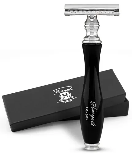 Haryali London Nassrasierer Doppelklingenrasierer für Damen und Herren ergonomisch metallic schwar, pack, Rasierer für ein erstklassiges Premium-Rasiererlebnis, Abwaschbarer, rutschfester, glänzender Metallgriff, Rasurerlebnis
