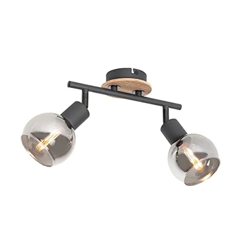 Qazqa - Moderne 2-flammige Deckenleuchte mit Rauchglas und Holz - Lampen für stilvolle Innenräume, dimmbar und ideal für Wohnzimmer oder Schlafzimmer. E14 Fassung, LED geeignet, elegantes Design in Schwarz und Holz.