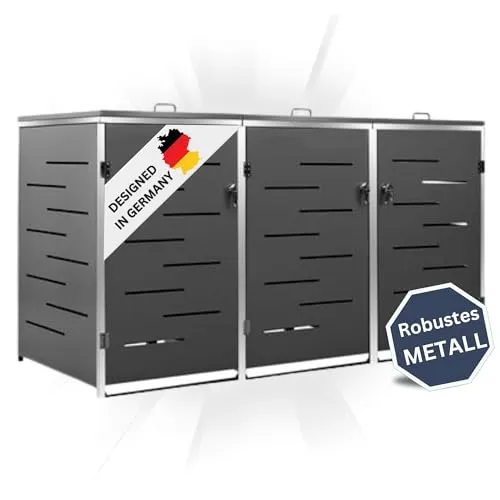 DELUKE 3er Mülltonnenbox JAGU Edelstahl | Anthrazit - Mülltonnenbox für 3x 240L Tonnen, rostfrei und abschließbar. Mit praktischem Deckel und Federsystem für einfache Handhabung - ideal für ein sauberes und ordentliches Gartenbild.