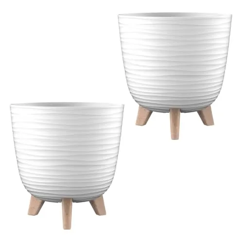 Engelland - 2 x Blumentopf mit Füßen & Bewässerungssystem, Weiß, Ø 28 cm, Pflanzkübel, Übertopf, Wellenmuster, Innen- & Außenbereich, Drainagesystem & Wasserspeicher, rund, Kunststoff