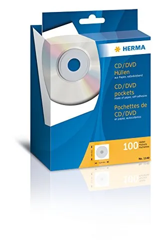 HERMA 1140 CD DVD Papier-Schutzhüllen, 100 Stück, CD Umschläge Papierleerhüllen mit Sichtfenster, DVD Schutzhüllen Papierhüllen mit Fenster, Rückseite selbstklebend, weiß