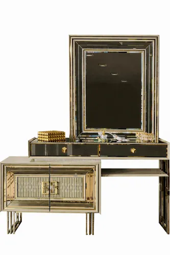 Luxuriöser Schminktisch mit Spiegel und Schubladen - Schminktisch für Erwachsene, stilvoll und praktisch. Mit 2 Schubladen und rechteckigem Spiegel, ideal für das Schlafzimmer. Maße: 151 x 45 x 168 cm, modernes Design in Gold.