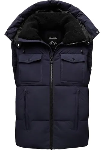 Amaci&Sons Herren Outdoor Winter Weste mit Kapuze 9129 Navyblau L - Moderne Herren Steppweste von Amaci&Sons mit praktischem Fellkragen. Hergestellt aus robustem 100% Polyester – ideal für kalte Tage. Mit Pattentaschen und Reißverschluss für zusätzlichen Komfort. Erhältlich in 3 Farben – vielseitig kombinierbar!