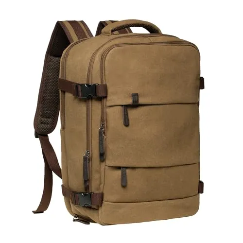KAUKKO Canvas 40L Reiserucksack, Freundlich Handgepäck Rucksack Travel Backpack für 15,6 Zoll Laptop, Flug Genehmigt Bordgepäck Wasserabweisend Kabinenrucksack für Weekender Trip, FH12-Braun