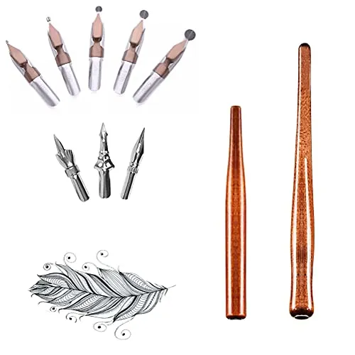 MiaLover 10 Stück Schreibfeder set,Federhalter mit Zeichenfeder für Comics, Federhalter mit Feder mit 2 Red Holz Stifthaltern 8 Federn für Karikaturisten und Künstler