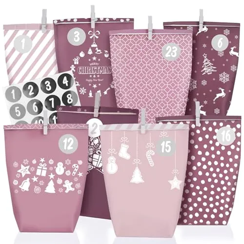 Adventskalender Tüten zum Befüllen 2025, Weihnachtskalender Papiertüten zum Selber Basteln, rosa Stil, 24 XXL Geschenktüten für Kinder frauen mädchen,Wiederverwendbar