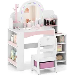 COSTWAY Kinder Schminktisch mit Spiegel und LED-Lichtern – Ideal für Mädchen ab 3 Jahren - Zauberhafter Schminktisch für Kinder mit bunten LED-Leuchten und viel Stauraum. Perfekt zum Verkleiden, Spielen und Kreativsein. Sicher und robust mit bruchsicherem Spiegel.