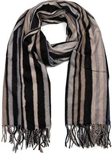 styleBREAKER Unisex Schal mit buntem Streifen Muster und langen Fransen, Colour Blocking, Winter, Stola 01017113, Farbe:Grau-Beige-Blau