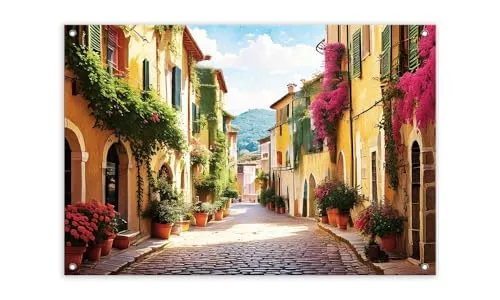 artissimo Garten-Poster 90x60cm PE6738-GP wetterfestes Outdoor-Poster, mediterranes Gartenbild Italien Gasse mit Blumen, Wanddeko für draußen