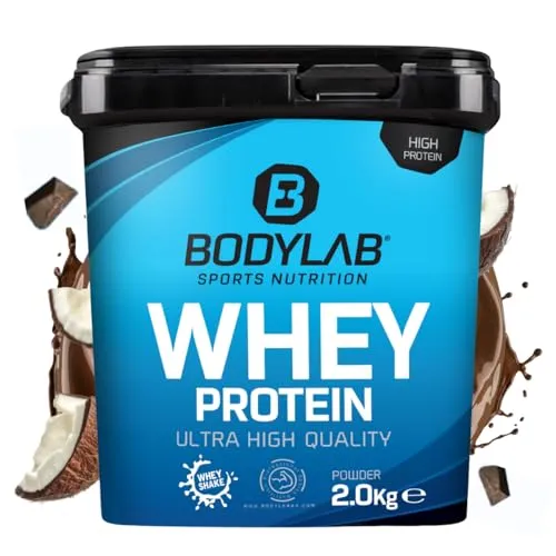 Bodylab24 Whey Protein Pulver, Schokolade-Kokosnuss, 2kg - Molkenproteine mit bis zu 80% Eiweißanteil, ideal für Muskelaufbau und Fitness. Perfekte Löslichkeit in Wasser und Milch, ohne Aspartam und künstliche Konservierungsstoffe.
