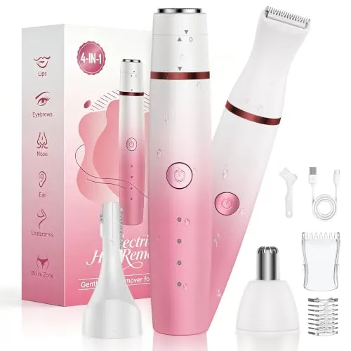 Rasierer Damen,4-In-1 Intimrasierer für Frauen,Gesichtshaarentferner,Nasenhaartrimmer&Augenbrauenrasier,Trocken&Nass Damenrasierer Elektrisch für Bikinizone,Gesicht,Nase,IPX6&USB Aufladung Pinkverlauf