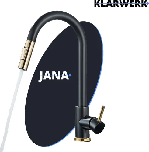 JANA | Premium Edelstahl ausziehbare Küchenarmatur Gold Schwarz | Mischbatterie hoher Bogen Hochdruck 360° drehbar 2 Anschlüsseen | Wasserhahn Gastro