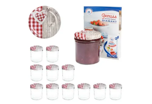 MamboCat Einmachglas 12er Set Sturzglas 350 ml To 82 Deckel Holz-Herz rot incl. Rezeptheft, Glas