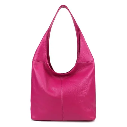 Made in Italy Damen Leder Tasche Shopper Schultertasche Umhängetasche Handtasche Beuteltasche Hobo Bag Ledertasche Nappaleder Pink