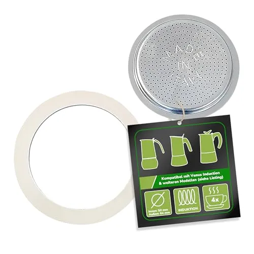 Harren24 Filter und Dichtung für Espressokocher, kompatibel mit Bialetti Espressokanne für 4 Tassen, Ø außen 64 mm, 6,4 cm, Ø innen 58 mm, 5,8 cm, Ersatzdichtung, Dichtungsring