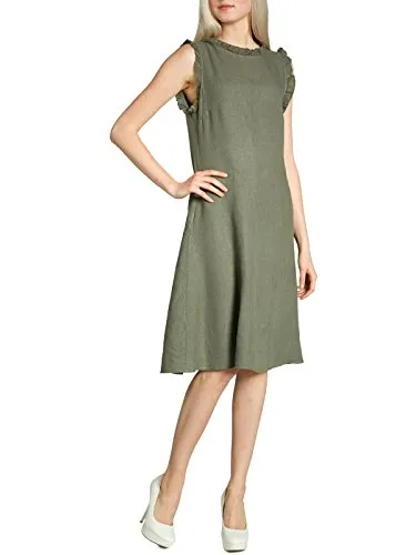 Caspar SKL012 knielanges leichtes Damen Sommer Leinenkleid mit kleinem Wellenkragen, Farbe:olivgrün, Größe:S - DE36 UK8 IT40 ES38 US6