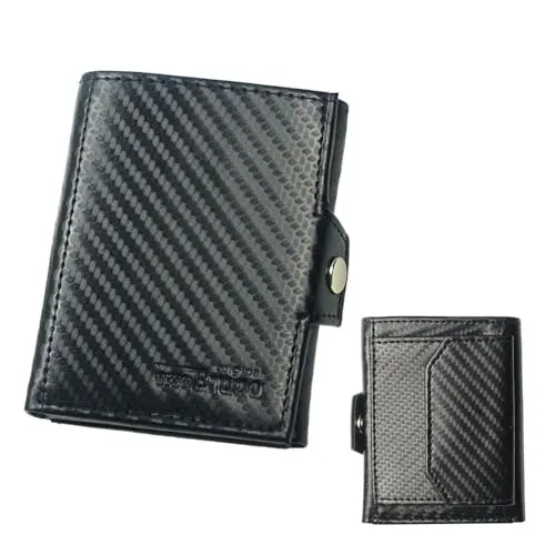 Minigeldbörse Herren Schwarz Carbon Leder RFID Schutz, Kleine Geldbörse, Kartenetui Portemonnaie, Slim Wallet Mit Münzfach, Geschenk für Männer