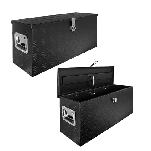 Trucky Anhänger-Deichselbox D080 Schwarz - Transportboxen: Robuste Alu Box für sicheren Transport und optimale Aufbewahrung von Werkzeugen mit automatischem Deckel und Überwurfschloss.